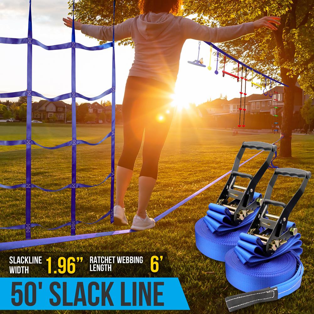 Ninja Warrior Obstacle Course For Kids - Hanging 50’ Ninja Warrior Slackline Kit Training Equipment For Adults With 14 Accessories