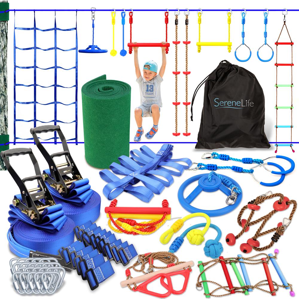 Ninja Warrior Obstacle Course For Kids - Hanging 50’ Ninja Warrior Slackline Kit Training Equipment For Adults With 14 Accessories