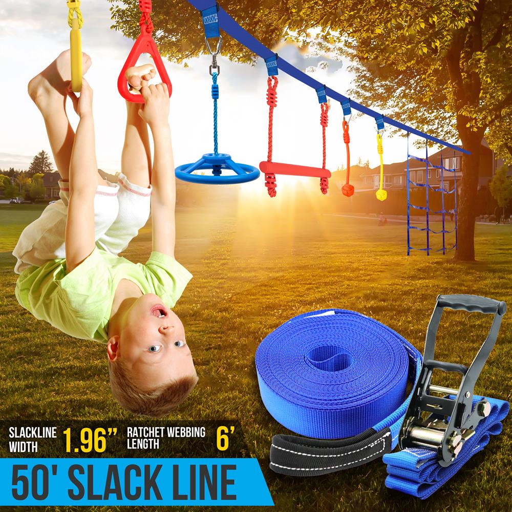 Ninja Warrior Obstacle Course 50ft Slackline Set with 18 Attachments Blue