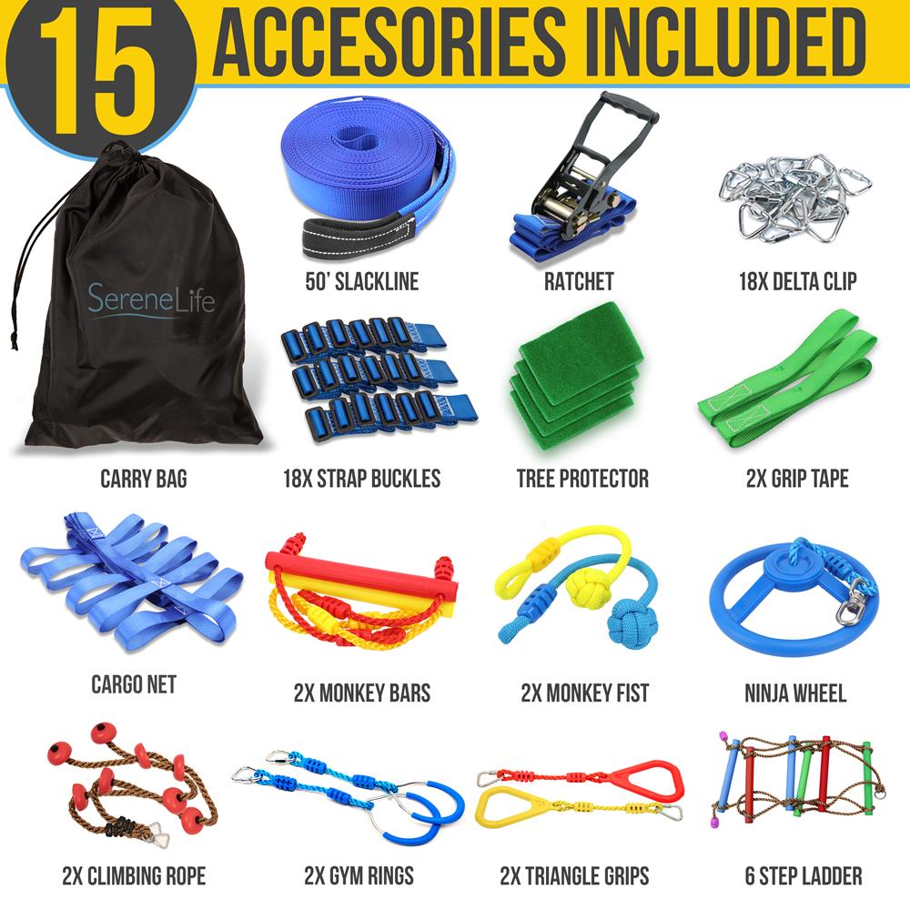 Ninja Warrior Obstacle Course 50ft Slackline Set with 18 Attachments Blue