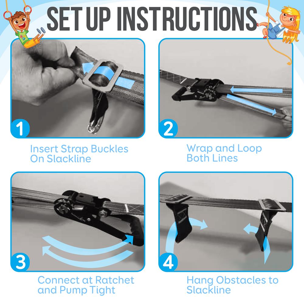 Ninja Warrior Obstacle Course 50ft Slackline Set with 18 Attachments Blue