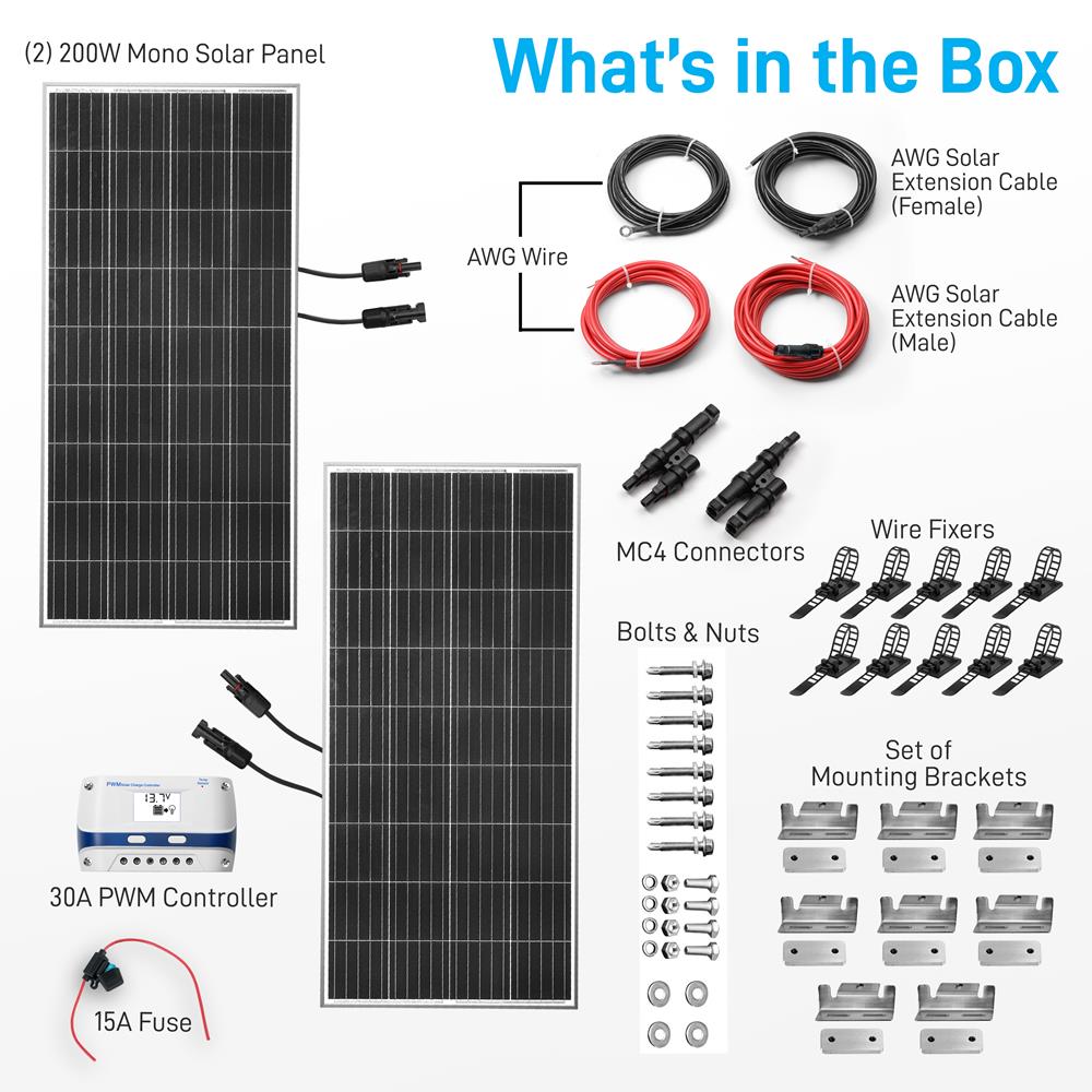 2 Pcs. Portable Mono Solar Panel Starter Kit - 400W Off-Grid Solar Panel Kit With 30A Pwm Controller With Lcd Screen