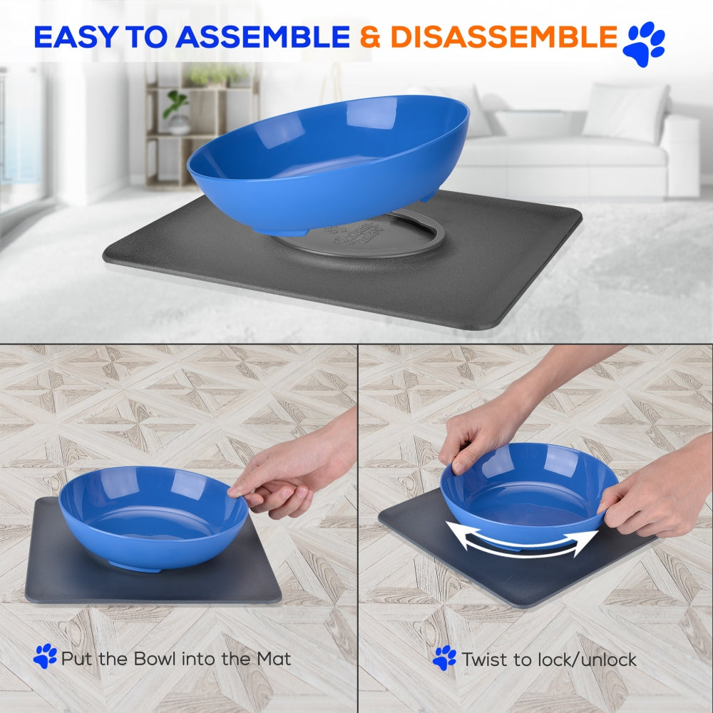 Pet Bowl & Mat Set, Mess-Free Feeding, Non-Slip, Easy Clean, Blue