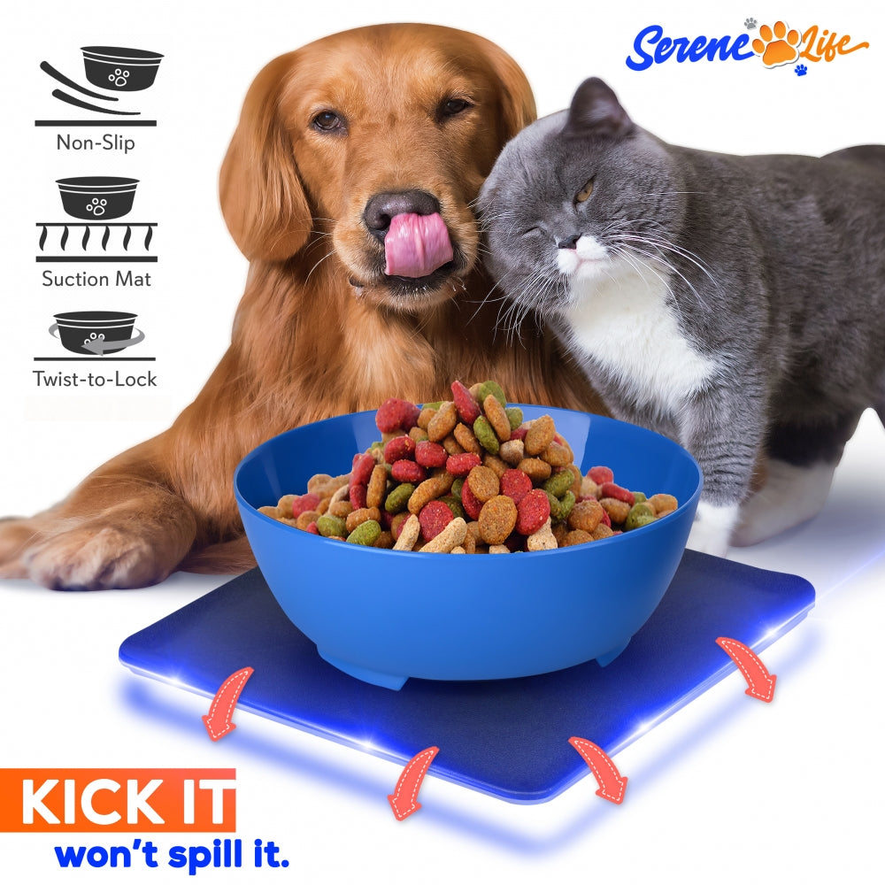 Pet Bowl & Mat Set, Mess-Free Feeding, Non-Slip, Easy Clean, Blue