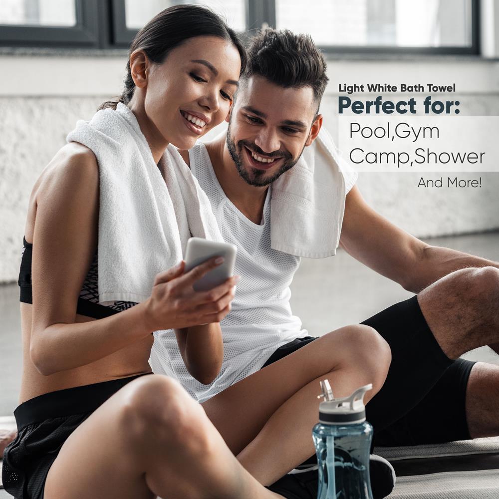 Light White Bath Towels - Quick-Dry High Absorbent, Lightweight Towel For Bathroom, Guests, Pool, Gym, Camp, Travel, College Dorm, Shower