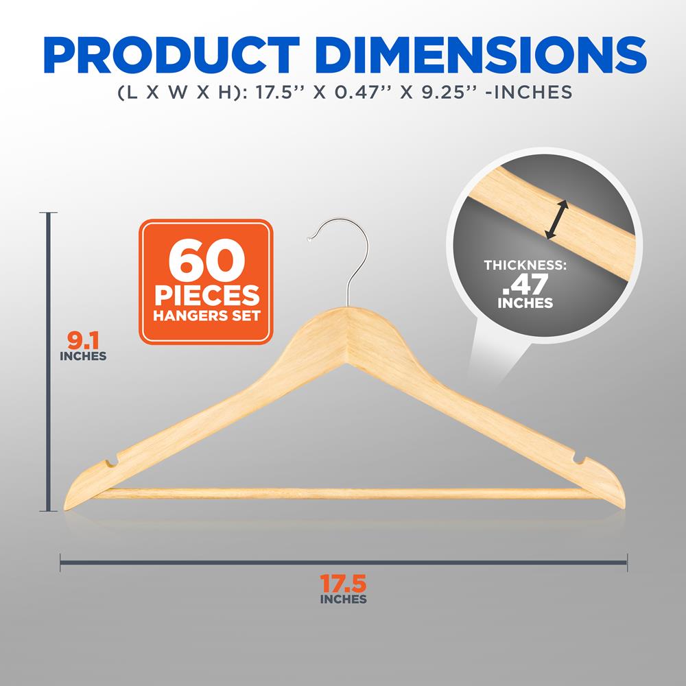 Wooden Hangers 60-Pack, Heavy Duty, 360° Swivel Hook, Natural Wood