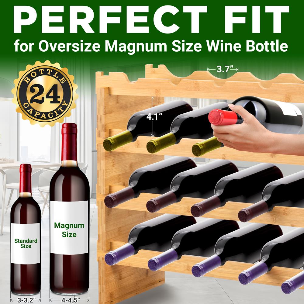 4 -Tier 24 Bottle Capacity Bamboo Stackable Wine Rack, Wobble-Free Modular Display Shelves (Natural)