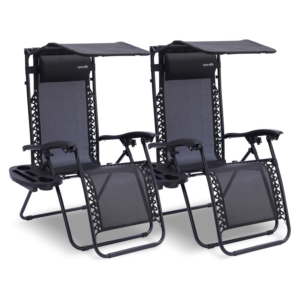 Outdoor Adjustable And Foldable Zero Gravity Lounge Chair Recliners With Canopy, Plastic Cup Holder Side Table And Pillow, 2 Pack, (Black)