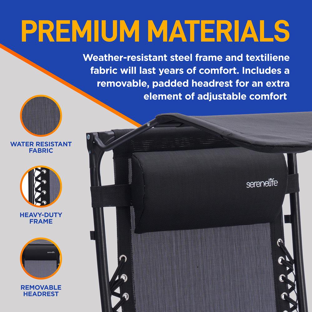 Outdoor Adjustable And Foldable Zero Gravity Lounge Chair Recliners With Canopy, Plastic Cup Holder Side Table And Pillow, 2 Pack, (Black)