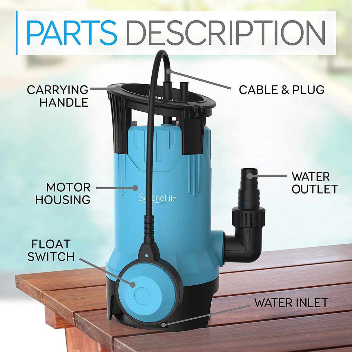 Submersible Clean/Dirty Water Pump - 750W Powerful Sump Pump, 3302 GPH, Auto Float Switch with 16 ft. Power Cord Length