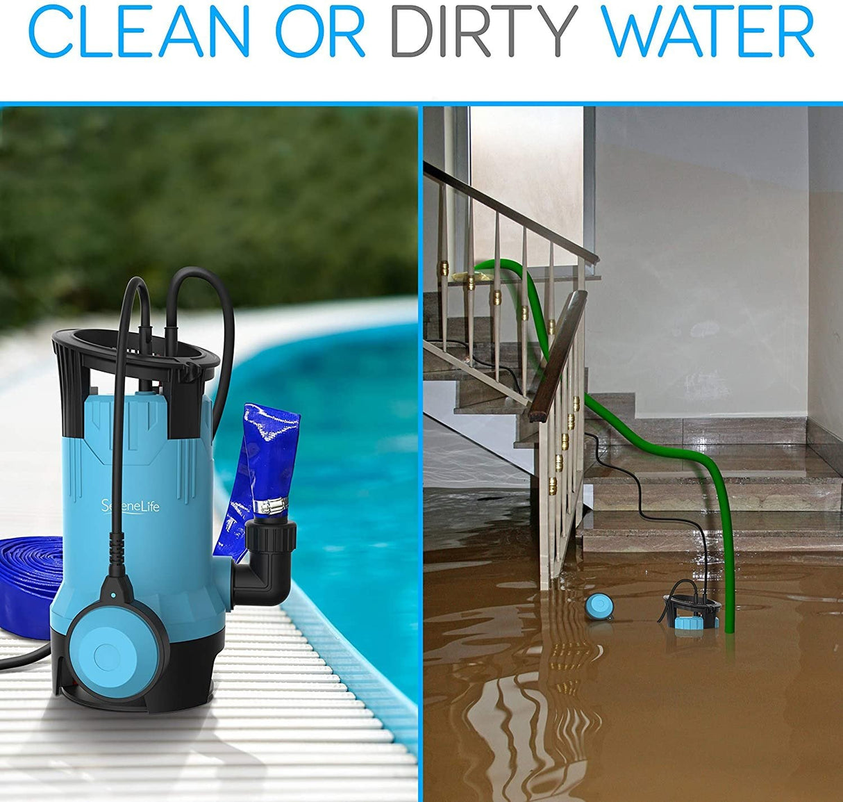 Submersible Clean/Dirty Water Pump - 750W Powerful Sump Pump, 3302 GPH, Auto Float Switch with 16 ft. Power Cord Length