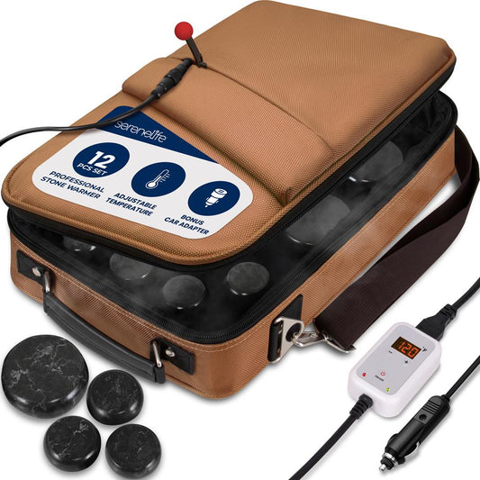 Hot Stone Massage Kit - Portable Heated Rock Therapy System With Digital Temperature Controller, Includes (12) Massaging Stones