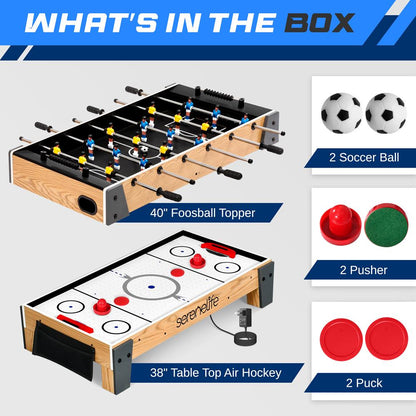 Table de hockey sur air de 38 pouces et ensemble de baby-foot de 40 pouces, table de jeu pivotante 2 en 1 avec ballon de football, poussoirs et palets idéale pour les salles de jeux, les arcades, les bars, les fêtes et les réunions de famille 