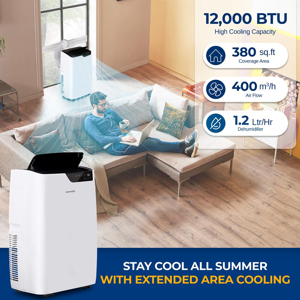 Single Duct Portable Air Conditioner - 12000 Btu Cooling Capacity (Ashrae) Compact Home A/C Cooling Unit With Built-In Dehumidifier & Fan Modes, Includes Window Mount Kit (White)
