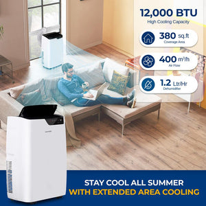 Single Duct Portable Air Conditioner - 12000 Btu Cooling Capacity (Ashrae) Compact Home A/C Cooling Unit With Built-In Dehumidifier & Fan Modes, Includes Window Mount Kit (White)