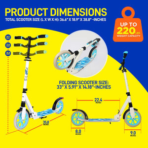 Kick Scooter for Adults & Teens - Foldable, Adjustable Alloy Deck, White
