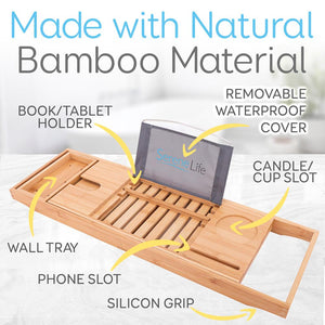 Bamboo Bathtub Caddy Tray - Relaxation Organizer, Adjustable, Natural Wood