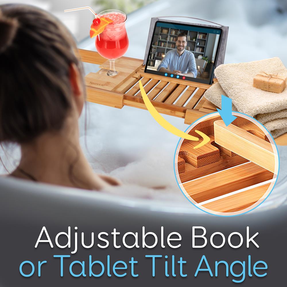 Bamboo Bathtub Caddy Tray - Relaxation Organizer, Adjustable, Natural Wood