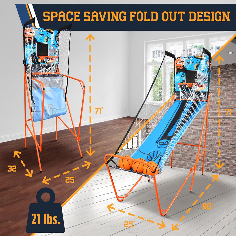 Single Hoop Basketball Game, LED Scoreboard, Foldable, Blue