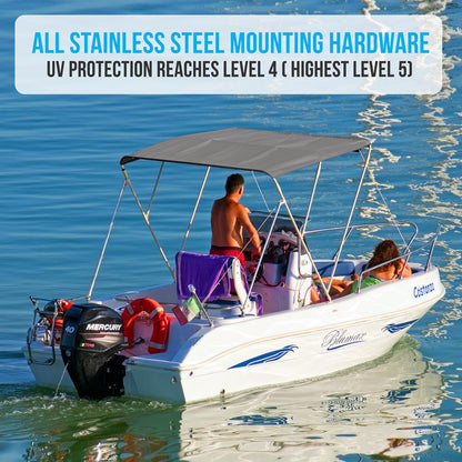 3 Bow Bimini Top - 2 Straps And 2 Rear Support Poles With Marine-Grade 600D Polyester Canvas (Gray)