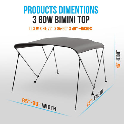 3 Bow Bimini Top - 2 sangles et 2 poteaux de support arrière avec toile en polyester 600D de qualité marine (Gris) 
