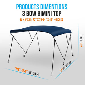 3 Bow Bimini Top - 2 Straps And 2 Rear Support Poles With Marine-Grade 600D Polyester Canvas (Navy Blue)