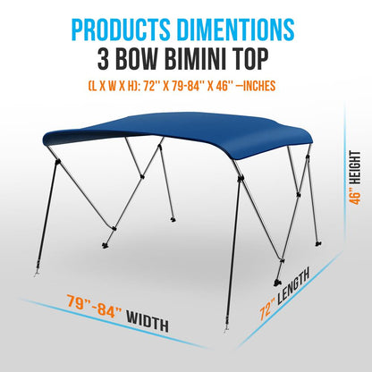 Waterproof Boat Top, 79-84"W 3 Bow, UV Resistant, Aluminum Frame, Blue