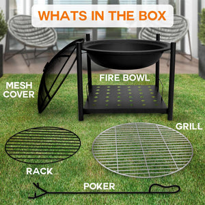 26" Outdoor Fire Pit with BBQ Grill, Heat-Resistant Steel, Wood Storage