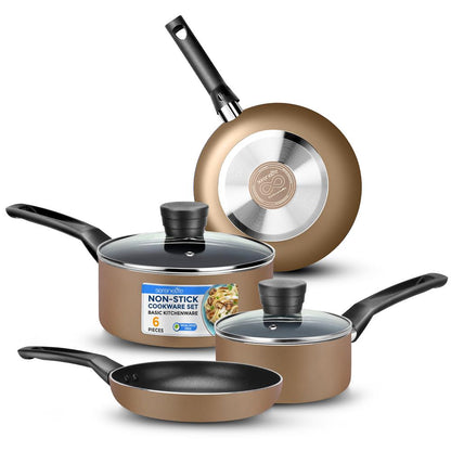 Ensemble de batterie de cuisine antiadhésive 6 pièces - Chaleur uniforme, revêtement durable, or 