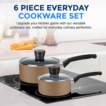Ensemble de batterie de cuisine antiadhésive 6 pièces - Chaleur uniforme, revêtement durable, or 