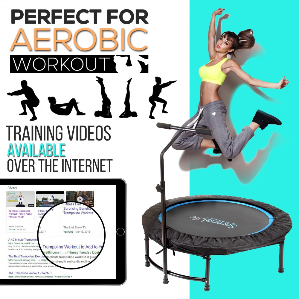 Foldable Mini Trampoline, Aerobic Fitness, Adjustable Handrail, 264 lbs Capacity
