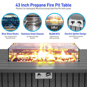 Outdoor Propane Fire Pit Table 50,000 BTU Weatherproof Glass Wind Guard