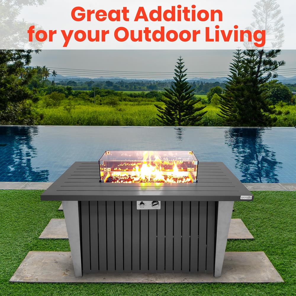 Outdoor Propane Fire Pit Table 50,000 BTU Weatherproof Glass Wind Guard