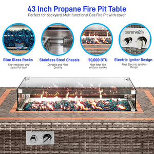 Outdoor Propane Fire Pit Table 50,000 BTU Tile Top Glass Wind Guard