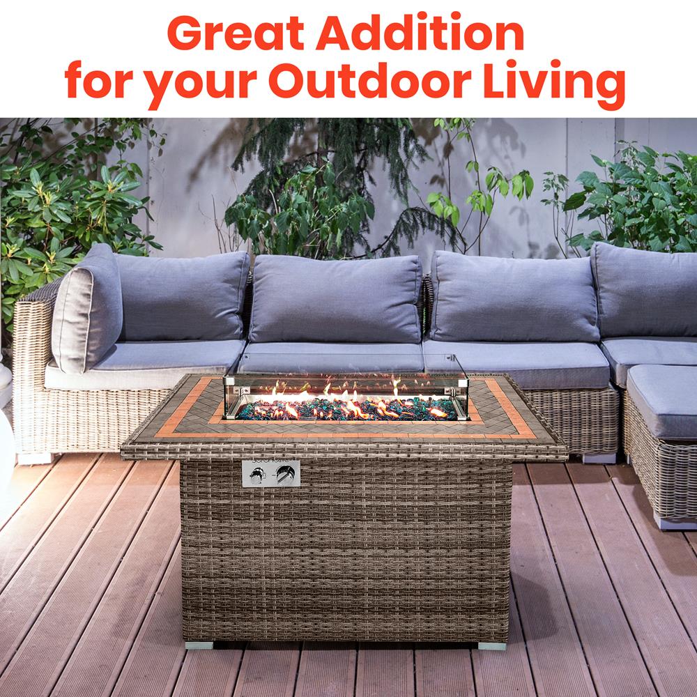 Outdoor Propane Fire Pit Table 50,000 BTU Tile Top Glass Wind Guard