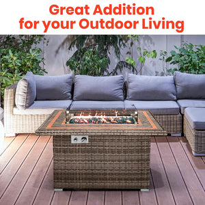 Outdoor Propane Fire Pit Table 50,000 BTU Tile Top Glass Wind Guard