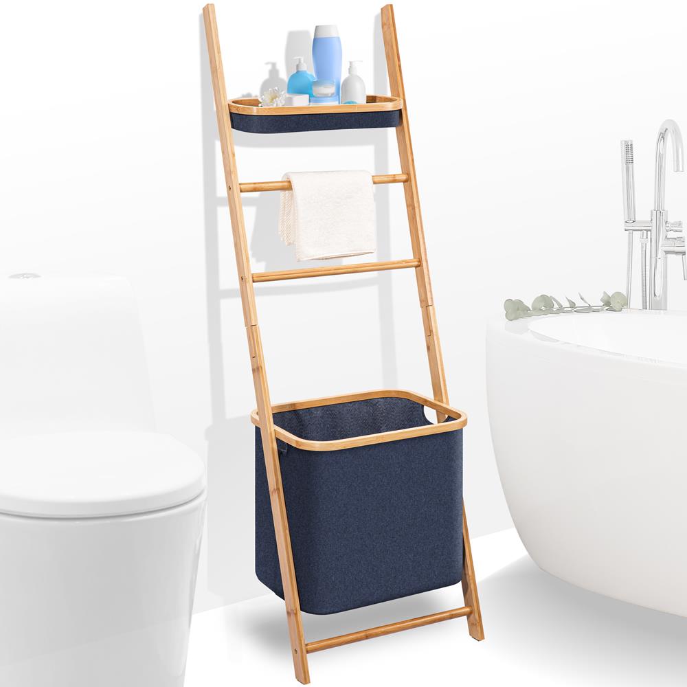 Bamboo Bath Towel Rack with Hamper - Space-Saving, Eco-Friendly