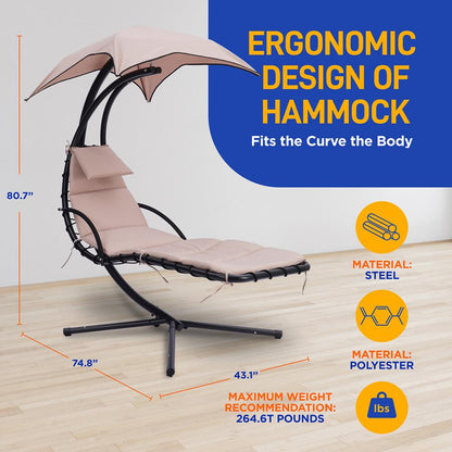 Outdoor Hanging Chaise Lounge Chair, UV Protection, Steel Frame, Beige