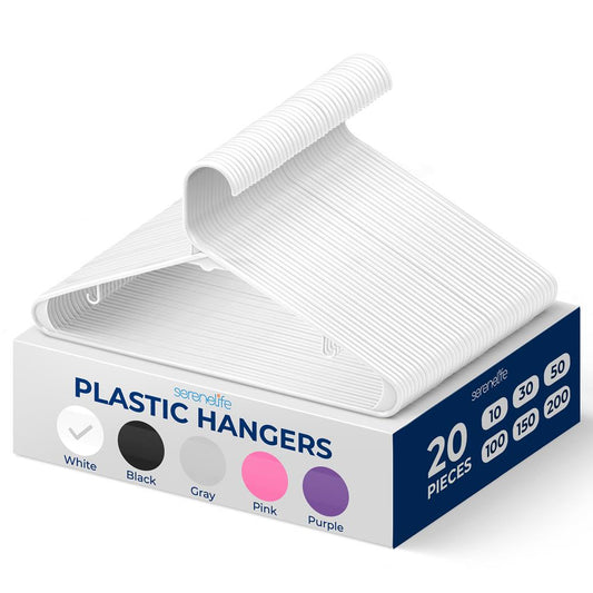 SereneLife Premium 20 Pack Plastic Hangers, Lightweight, Durable, Space Saving Clothes Organizers, Suitable for Shirts, Sweaters, Hoodies, Dresses, Kids Clothes, Good For Home Organization (White)
