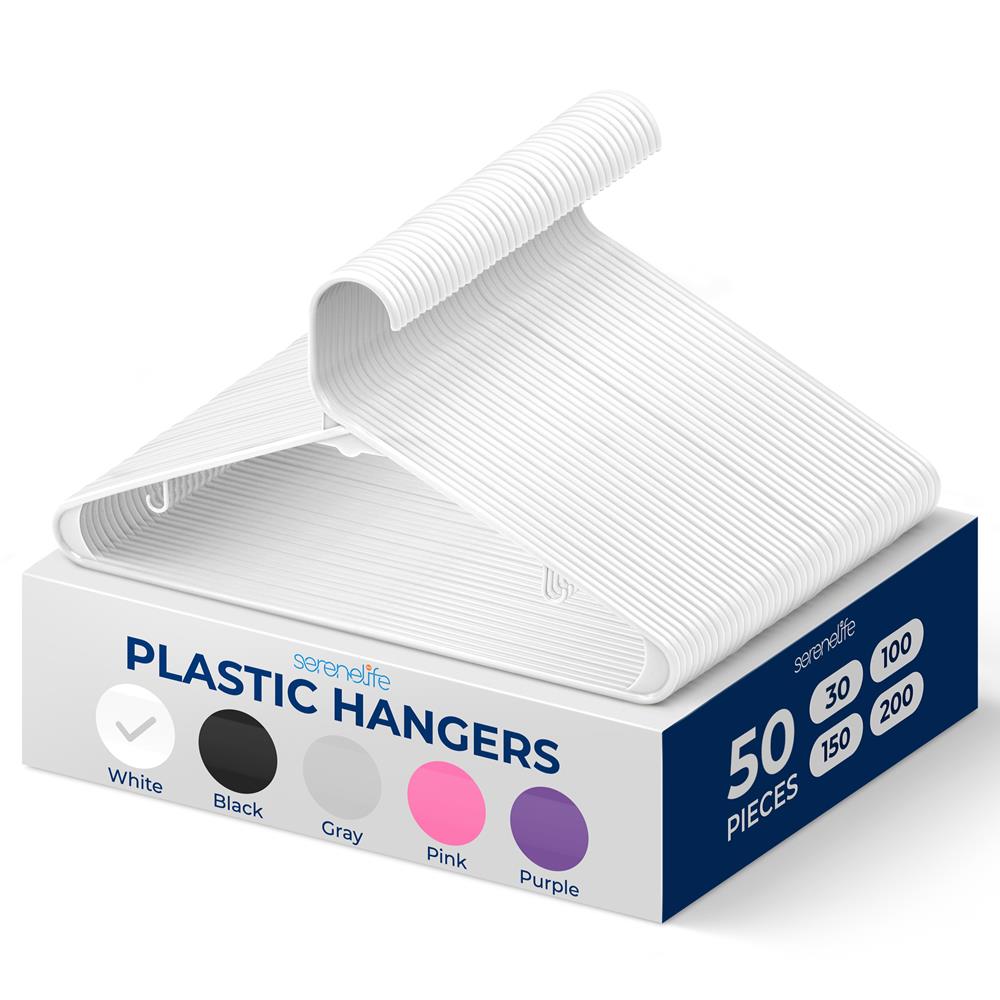 50-Pack White Plastic Hangers - Space-Saving, Durable, Non-Snag Design