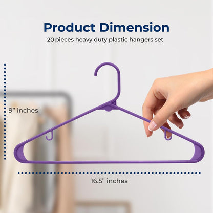 20 Pack Non-Slip Plastic Hangers, Space-Saving, 360° Swivel Hook, Purple