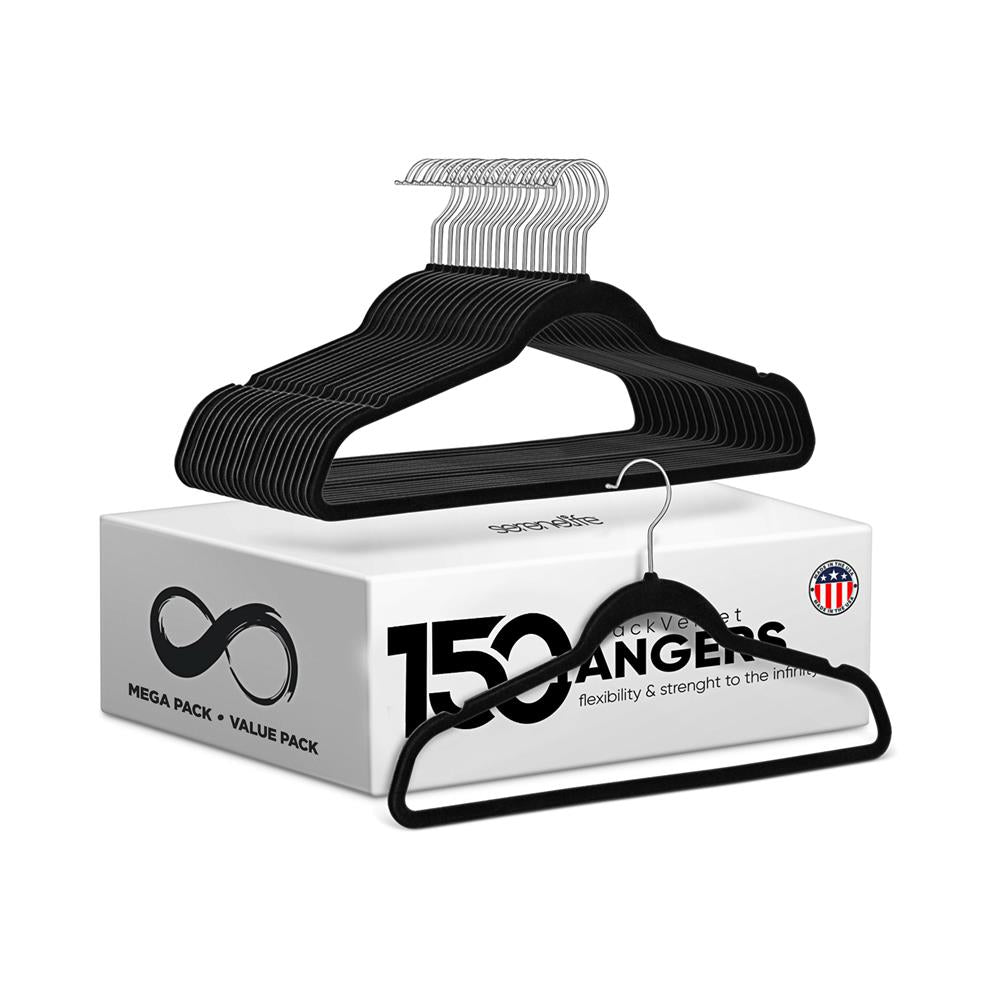 Velvet Non-Slip Hangers 150-Pack, Heavy Duty, 360° Swivel Hook, Black