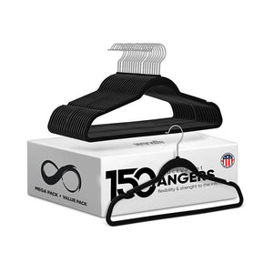 Velvet Non-Slip Hangers 150-Pack, Heavy Duty, 360° Swivel Hook, Black
