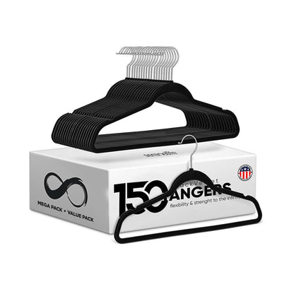 Velvet Non-Slip Hangers 150-Pack, Heavy Duty, 360° Swivel Hook, Black