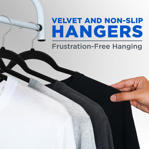 Velvet Non-Slip Hangers 150-Pack, Heavy Duty, 360° Swivel Hook, Black