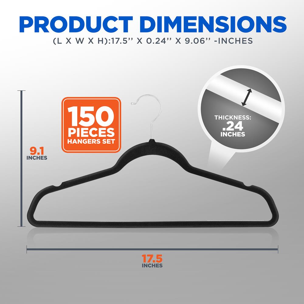 Velvet Non-Slip Hangers 150-Pack, Heavy Duty, 360° Swivel Hook, Black