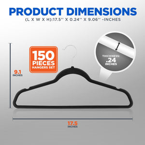 Velvet Non-Slip Hangers 150-Pack, Heavy Duty, 360° Swivel Hook, Black