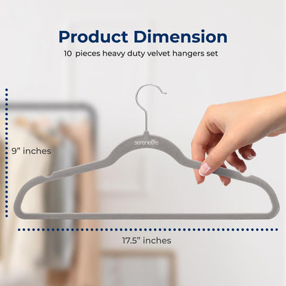 Velvet Hangers 10 Pack - Non-Slip, Space-Saving, 360° Swivel Hook, Grey