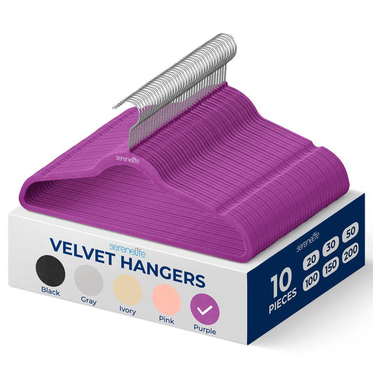 Velvet Hangers 10-Pack, Non-Slip, 360° Swivel Hook, Space-Saving, Purple