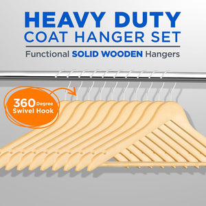 10-Pack Wooden Coat Hangers - Durable, Space-Saving, 360° Swivel Hook Natural